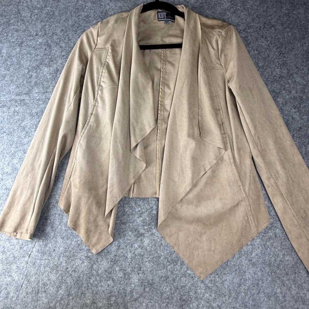 KUT from the Kloth Faux Suede Draped Waterfall Jacket Tan KJ75001 Womens Small